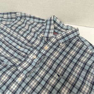 Vineyard Vines Whale Shirt Blue & White Plaid Logo‎ Cotton Size Large